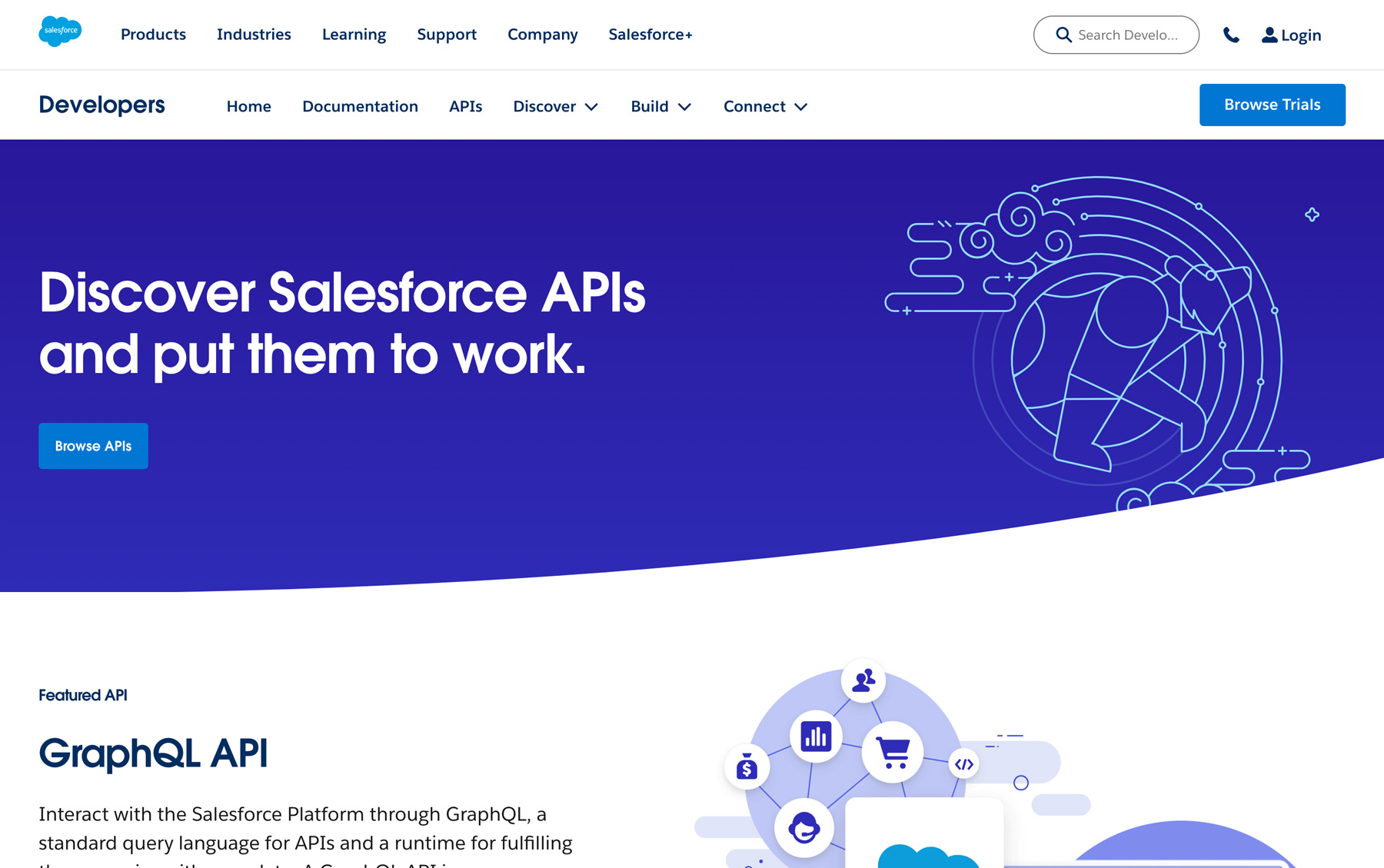 Weiß-blaue Webseite von Salesforce, das seine APIs vorstellt.