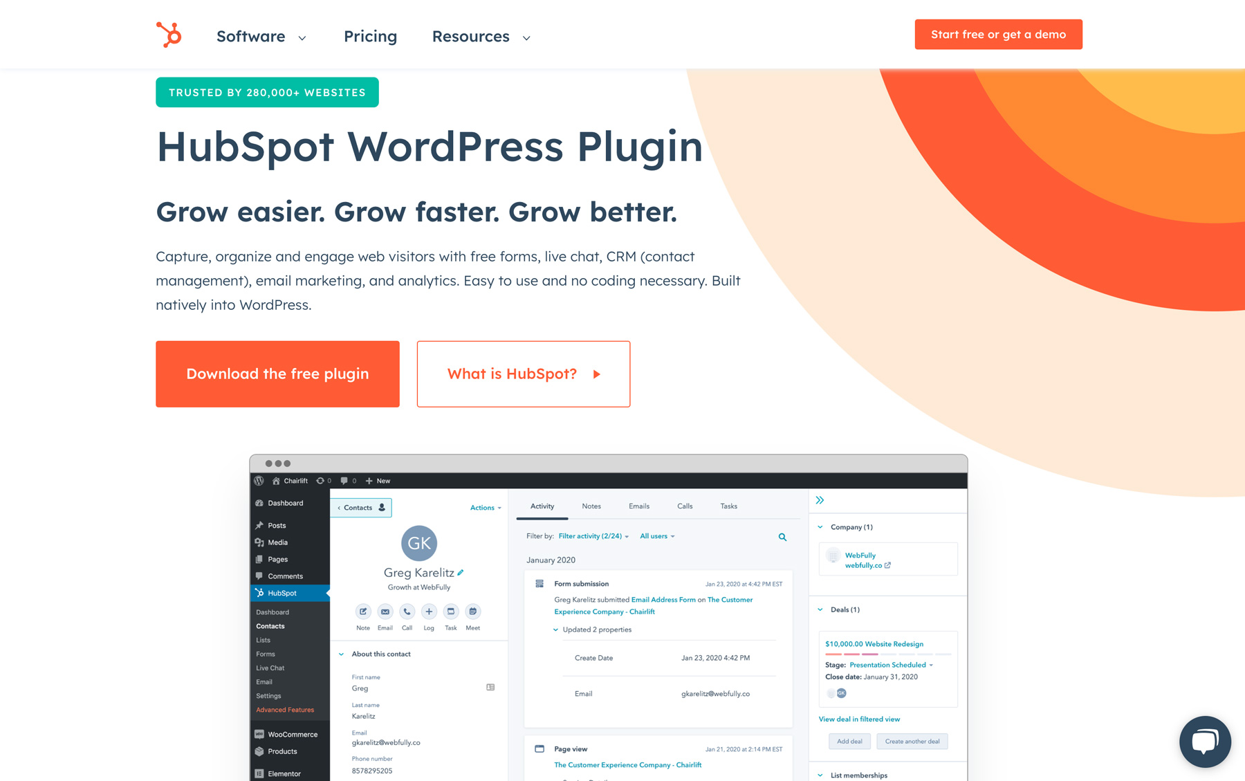 Die Webseite von HubSpot, das ihren WordPress Plugin vorstellt.